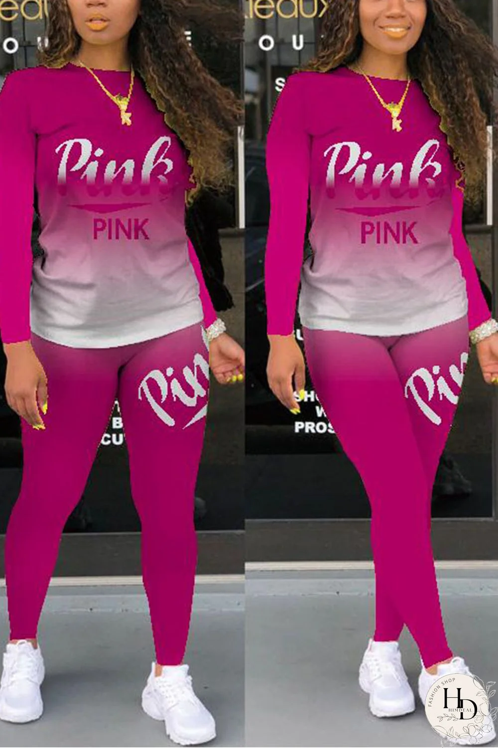 Red Casual Print Letter O Neck Long Sleeve Two Pieces