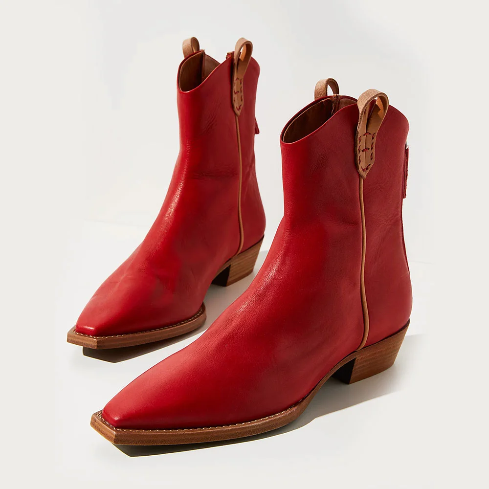 Red Low Chunky Heel Back Zipper Short Cowgirl Boots for Women