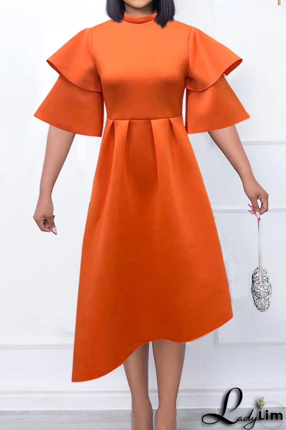 Tangerine Red Elegant Solid Patchwork Flounce O Neck Evening Dress Dresses