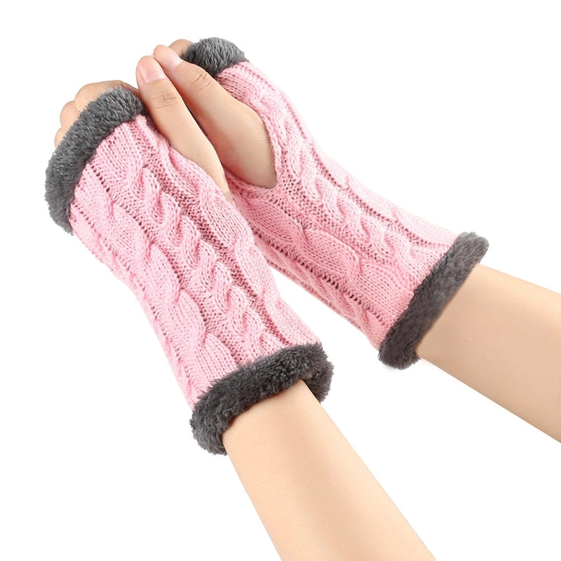 New Autumn And Winter Fleece-lined Wool Gloves Twist Knitted Finger Leakage Plush Oversleeve Warm Thickened Wool Gloves