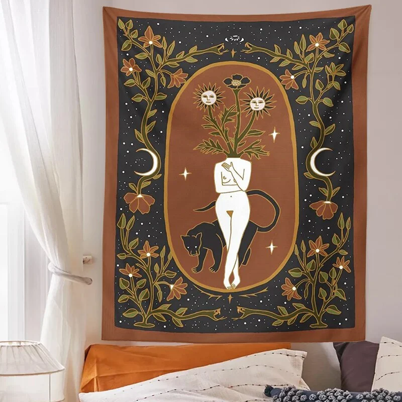 Moon Phase woman Tapestry tarot Witchcraft Moon leopard snake Goddess Sun Moon starry sky Wall Hanging Decor plant flower poster