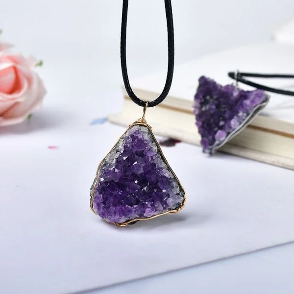 Natural Amethyst Cluster Stone Pendant Necklace