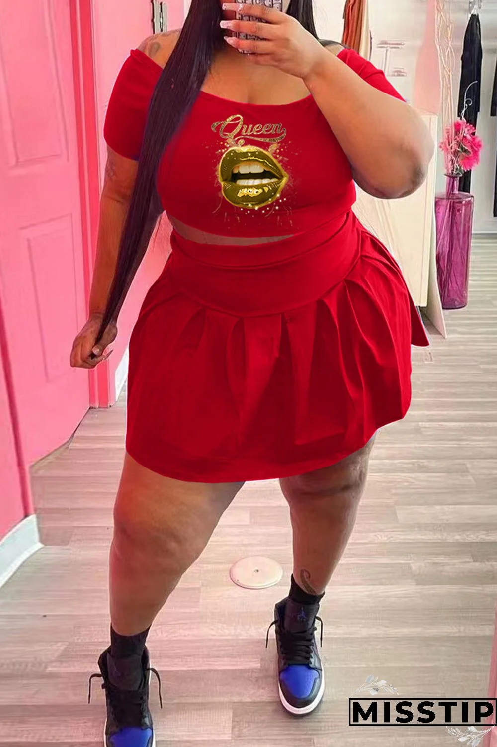 Black Fashion Casual Lips Printed Basic O Neck Short Sleeve Two Pieces