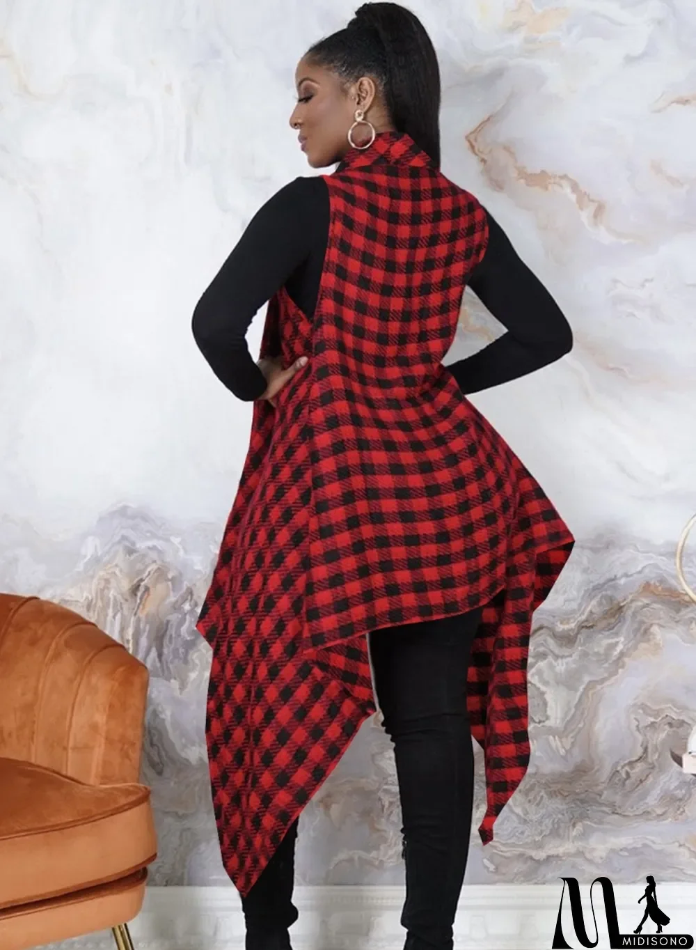 MidiSono - Spring Casual Red Plaid Cotton Irregular Long Vest Coat