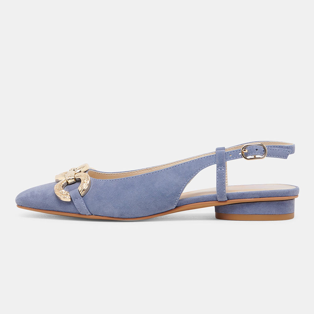 Blue Vegan Suede Closed Square-Toe Slingback Shoes with Gold Chain Nicepairs
