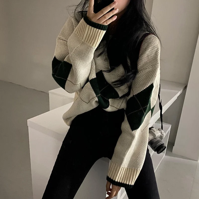 Women Argyle Sweaters Autumn Winter Pullovers Long Sleeve O-Neck Loose Knitted Korean Tops Casual Vintage Jumper Sueter Mujer