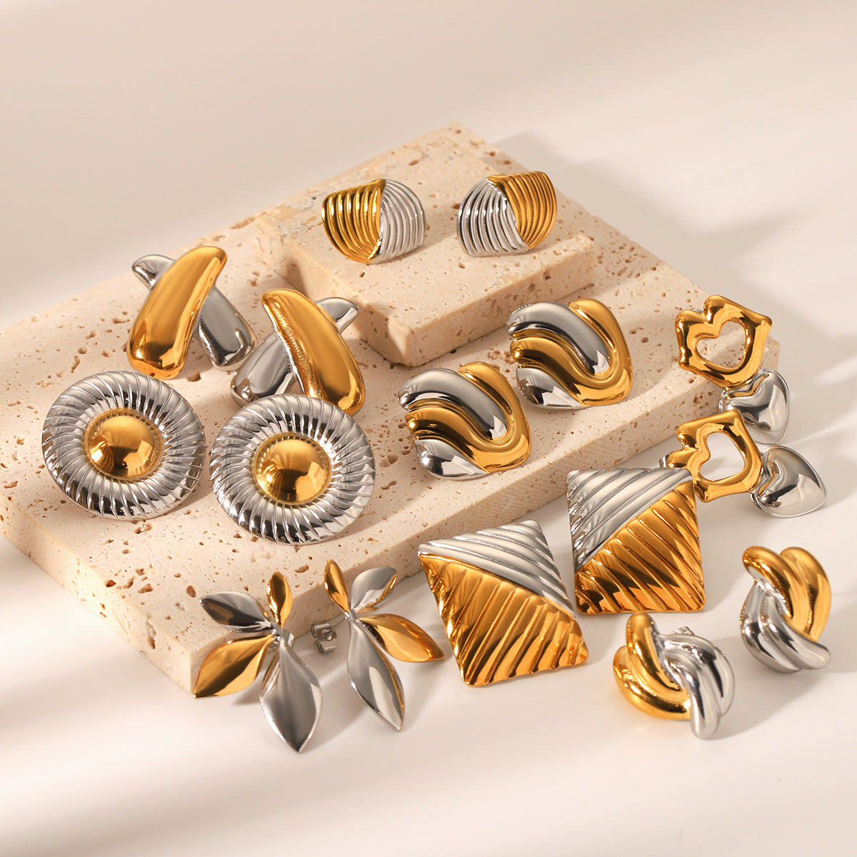 Gold And Silver Color Matching Geometric Stainless Steel Earrings For Women Niche Titanium Steel Earrings