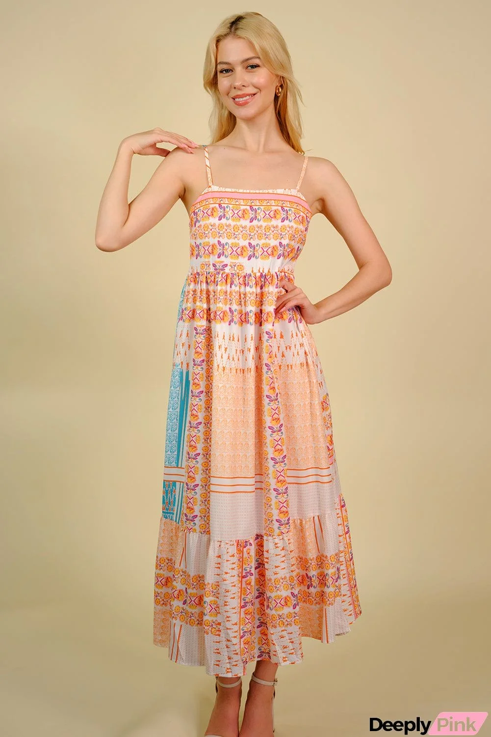 Printed Spaghetti Strap Smocked Midi Dress