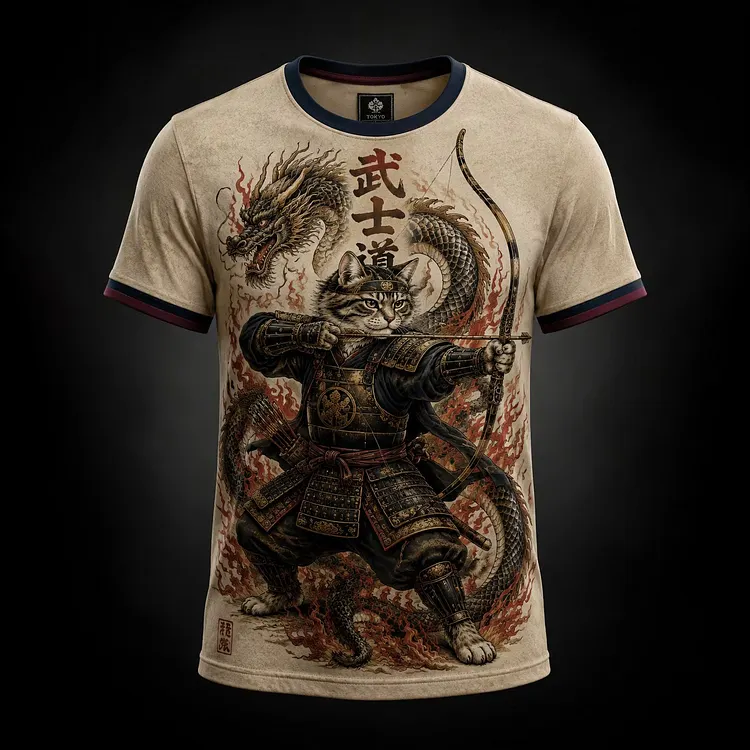 Men's Cats Samurai Japanese Art Print T-shirt