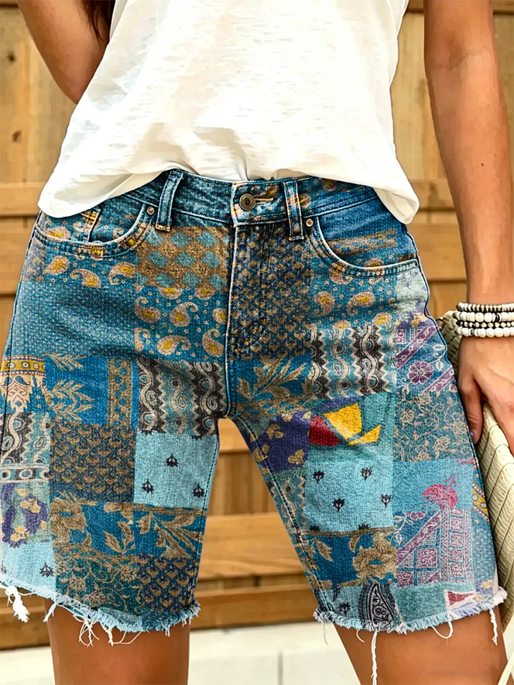 Women's Blue Paisley Floral Patchwork Print Denim Shorts