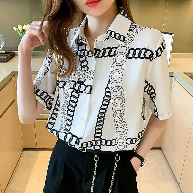 Casual Chain Print Chiffon Shirt - Modakawa Modakawa