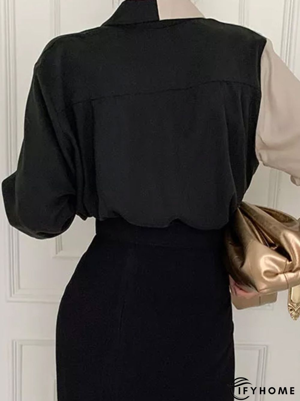 Shirt Collar Color-Block Long Sleeve Plain Blouse | IFYHOME
