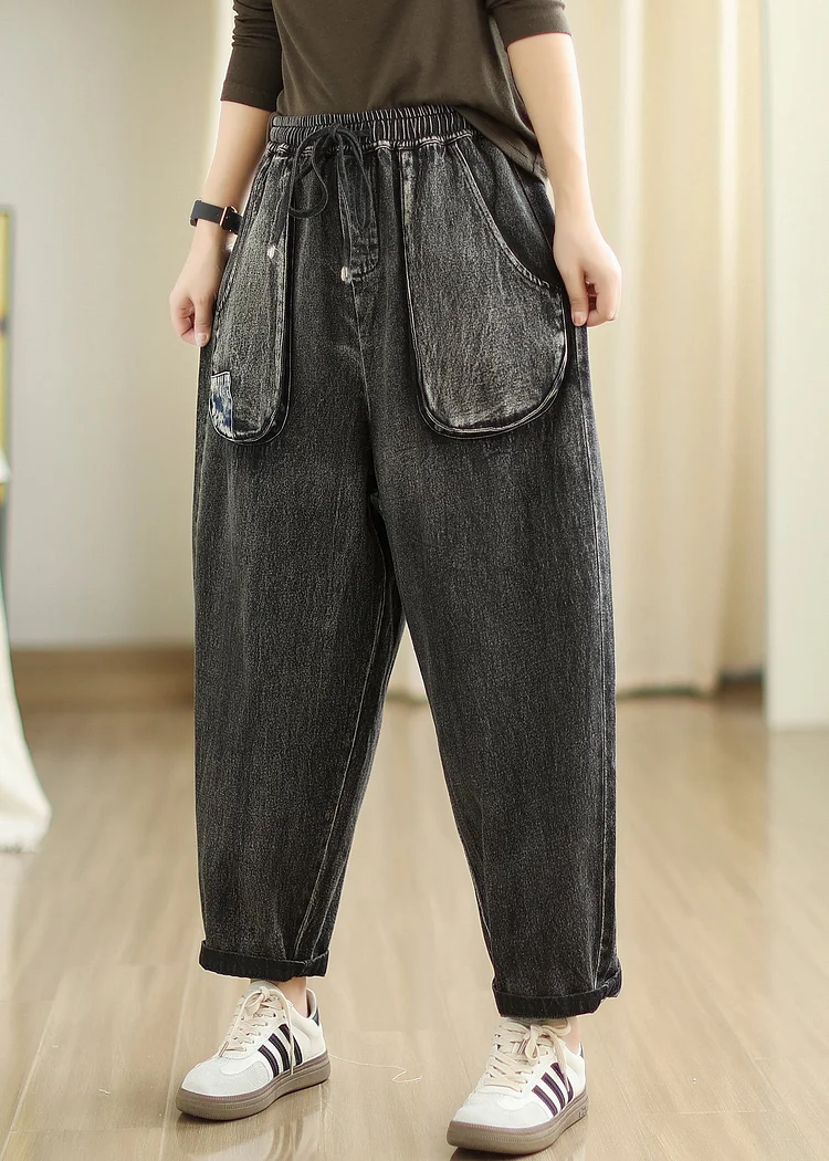 Boutique Black Oversized Patchwork Pockets Denim Pants Spring