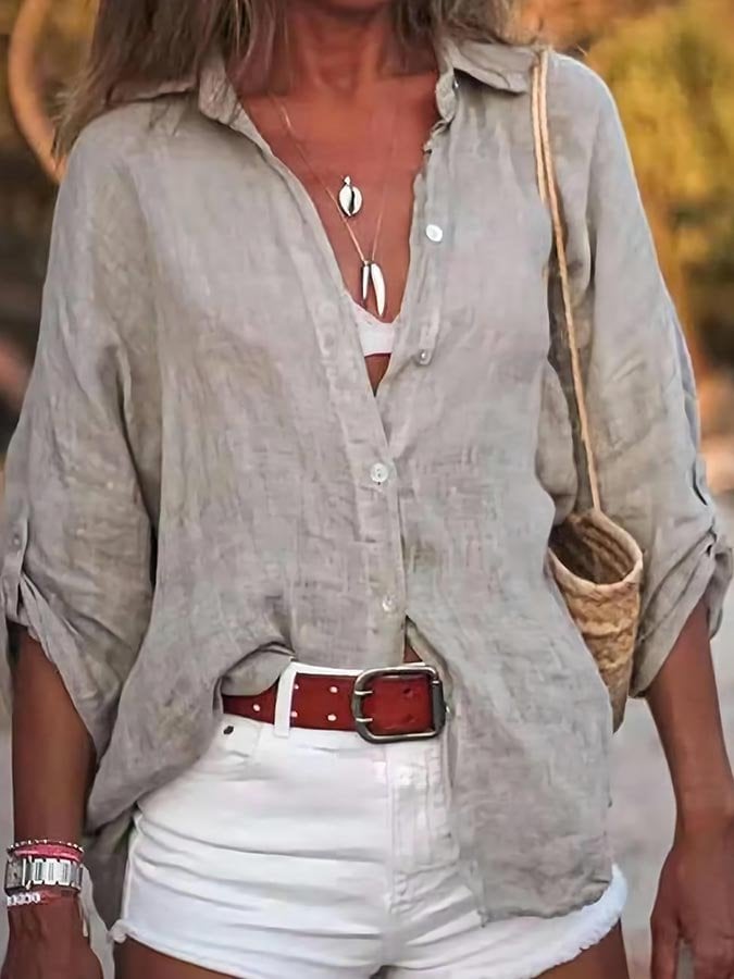 Ladies Cotton Linen Solid Color Loose Three-Quarter Sleeve Shirt Grey / S