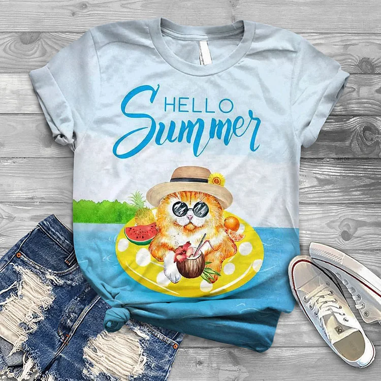Summer Hawaiian Vacation Leisure Cat Print Short-sleeved T-shirt