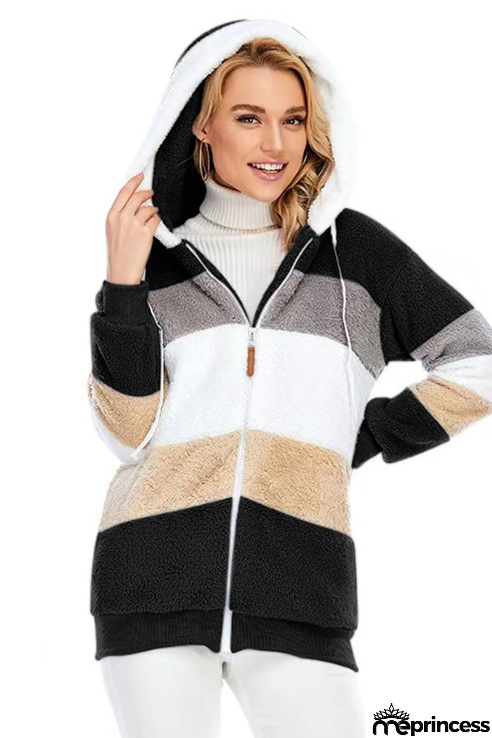 Colorblock Zip Up Sherpa Coat with Hooded