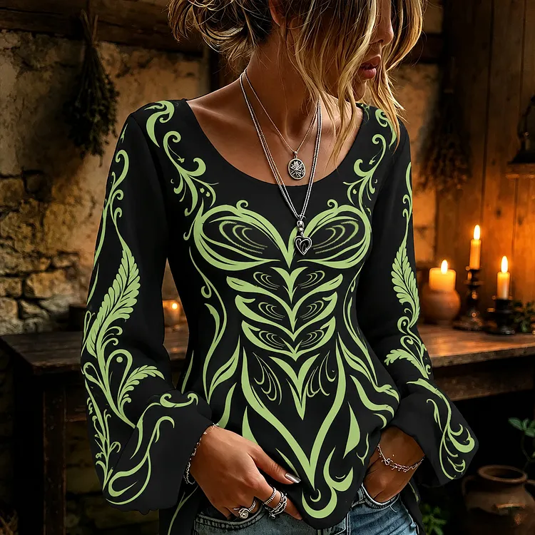 Women's Halloween Green Fluorescent Art Elegant Round Neck Long Sleeve Top