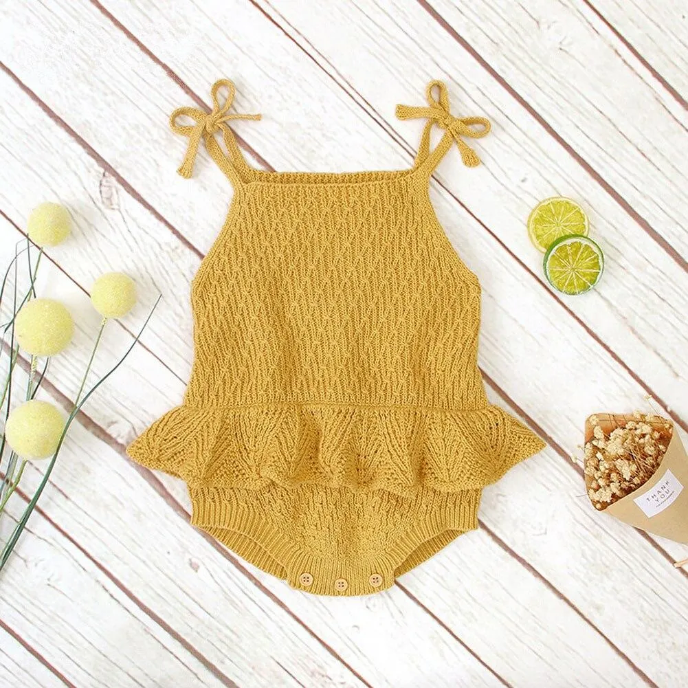 Infant Newborn Baby Girls Solid Ruffled Knitted Sweaters Romper Strap Jumpsuits Warm Spring Autumn Outfits