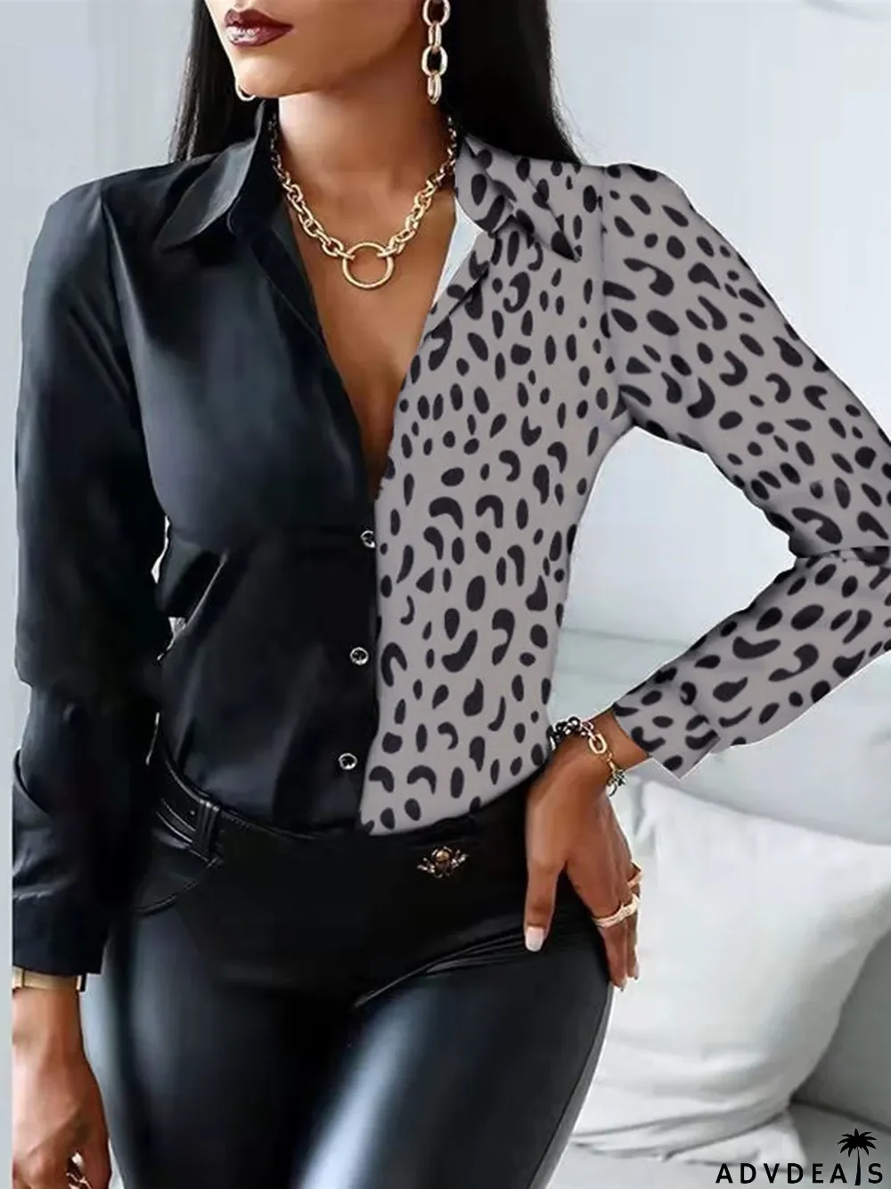 Women Long Sleeve V-neck Stitching Shirt