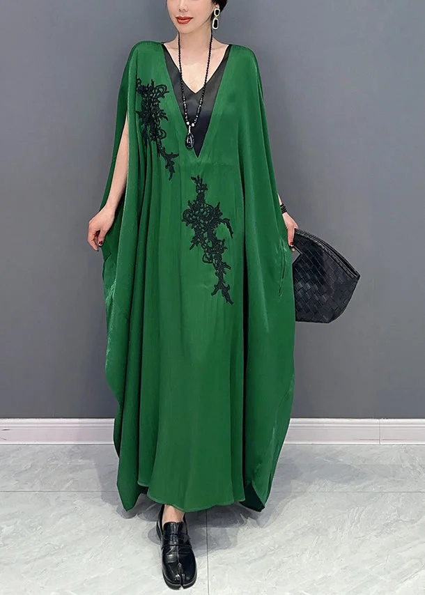 French Green Oversized Patchwork Silk Ankle Dress Batwing Sleeve