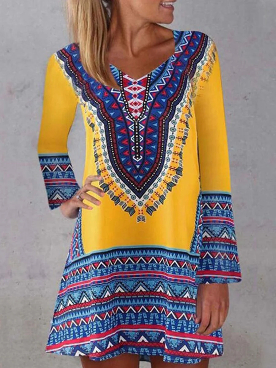 Print Long Sleeves Shift Vacation Dresses