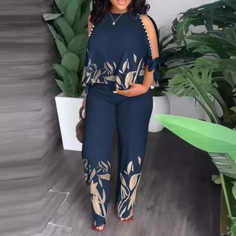 Wongn Wongn New Women's Round Neck Nail Bead, Rotator Sleeve T-Shirt And Trousers Positioning Print Suit