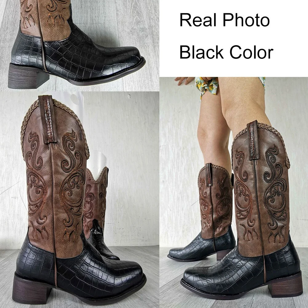BONJOMARISA Classic Pointed Toe Chunky Heel High Quality Women Western Boots Cowboy Walking Casual Embroidery Ladies Shoes