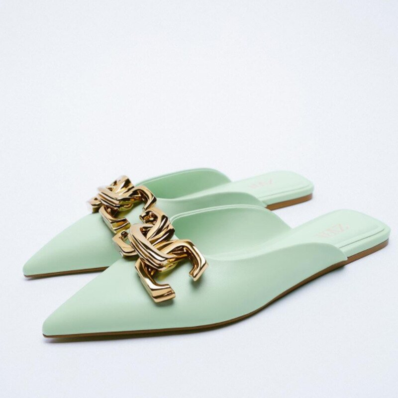 Fall New Women's Shoes Black Buckle Ornament Flat Slippers Grace Muller Shoes Pointed Asakuchi Flat Heel Female Half Slippers