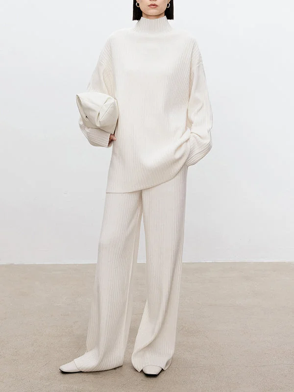 Solid Color High-Neck Long Sleeves Sweater Top + Wide Leg Pants Bottom Two Pieces Set