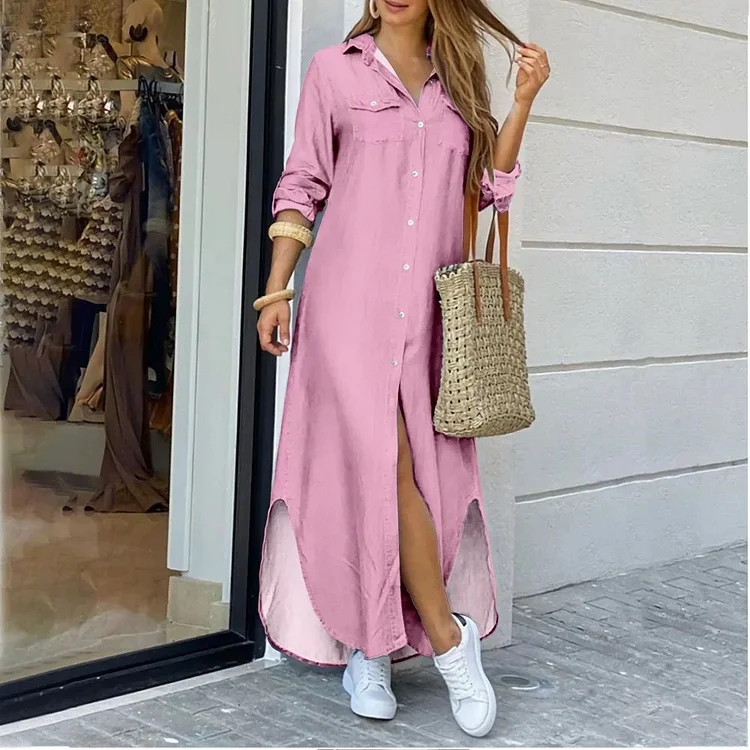 Plus Size Solid Color Shirt Collar Maxi Shirt Dress With Pockets VangoghDress