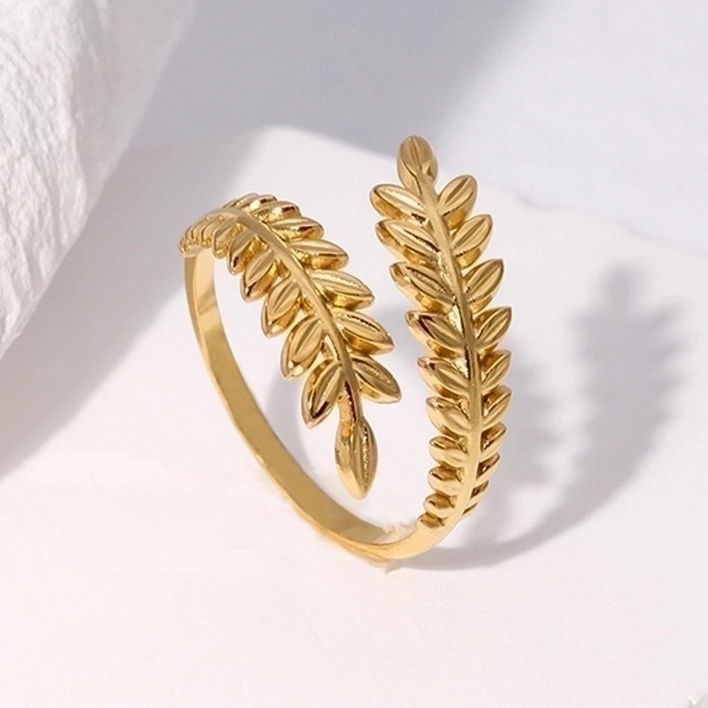 Vintage Style Minimalist Leaves 304 Stainless Steel 18K Gold Plated Plating Open Ring