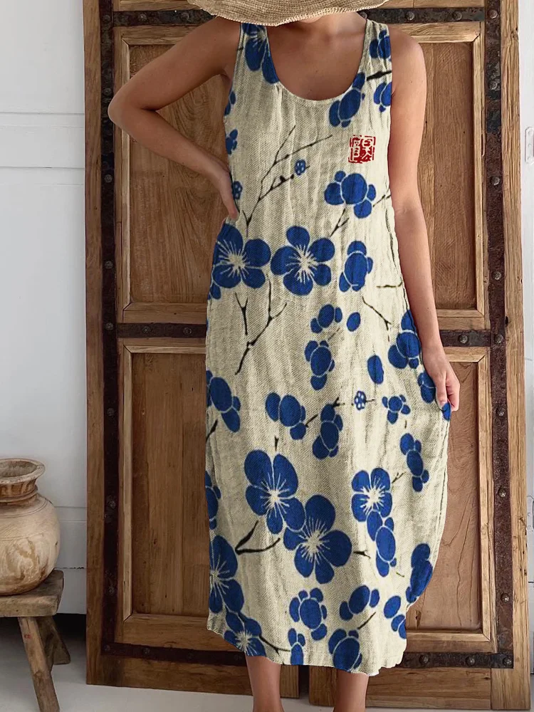 Cherry Blossom Japanese Lino Art Linen Blend Tank Maxi Dress