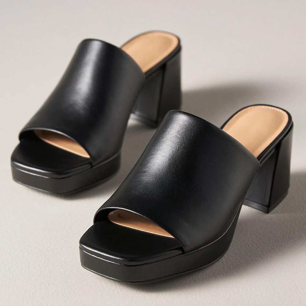 Women's Black Vegan Leather Open Square Toe Block Heeled Mules