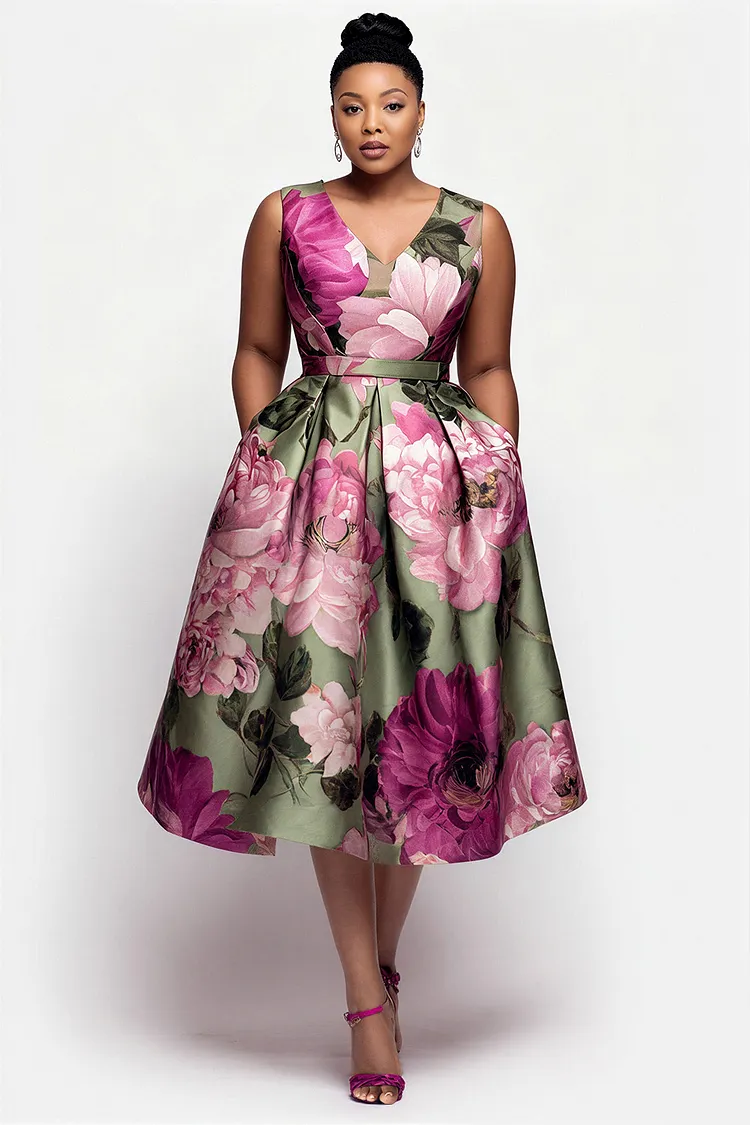 Xpluswear Design Plus Size Cocktail Party Multicolor Floral V Neck Pocket Satin Midi Dresses [Pre-Order] 2024 - Xpluswear