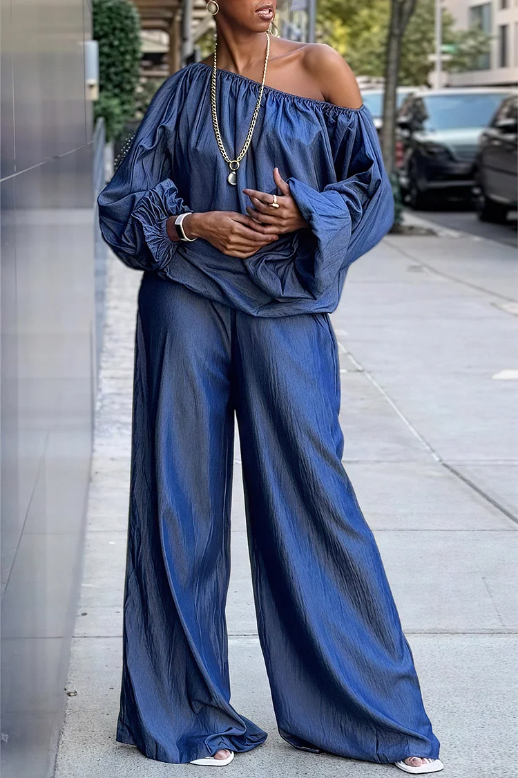 Plus Size Business Casual Blue Oblique Collar Long Sleeve Pocket Casual Wide Leg Tencel Denim Two Piece Pant Sets [Pre-Order]