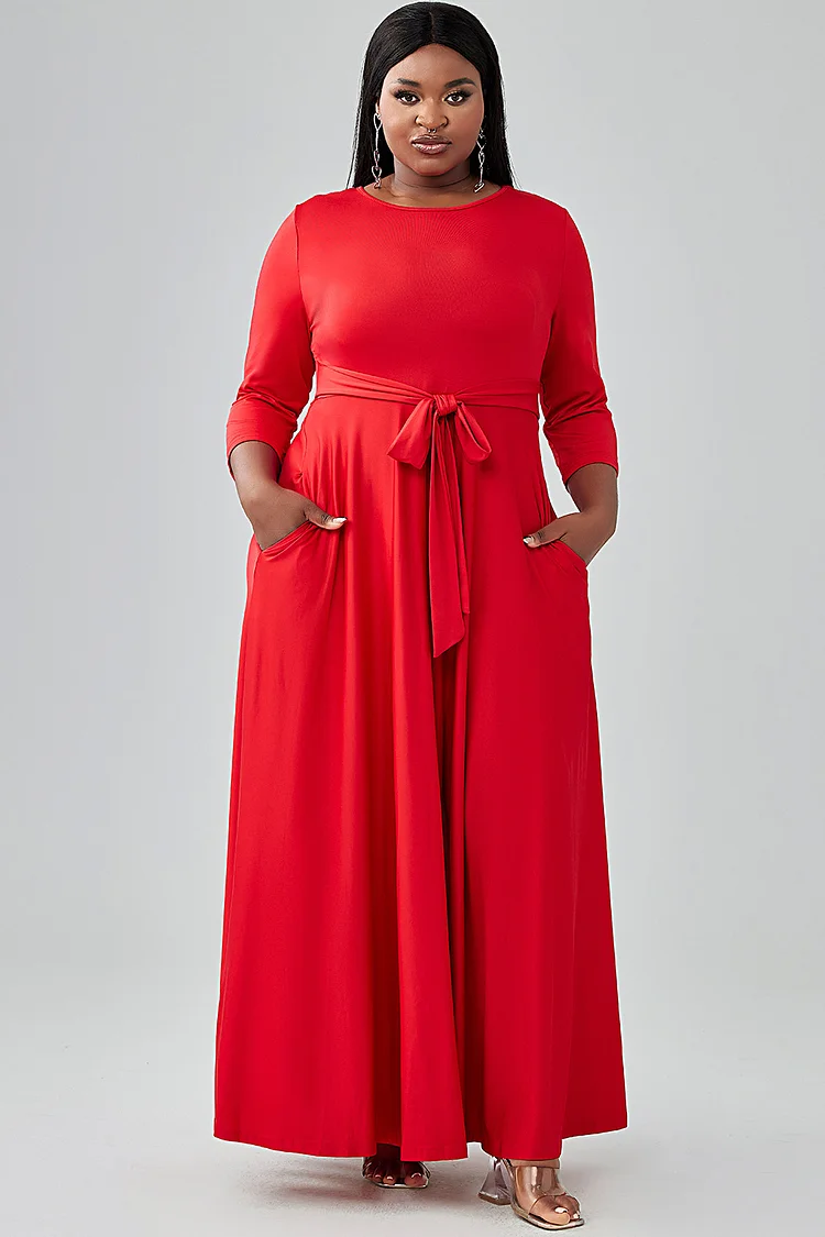 Xpluswear Design Plus Size Casual Dress Red Round Neck With Pocket Wrap Maxi Dress 