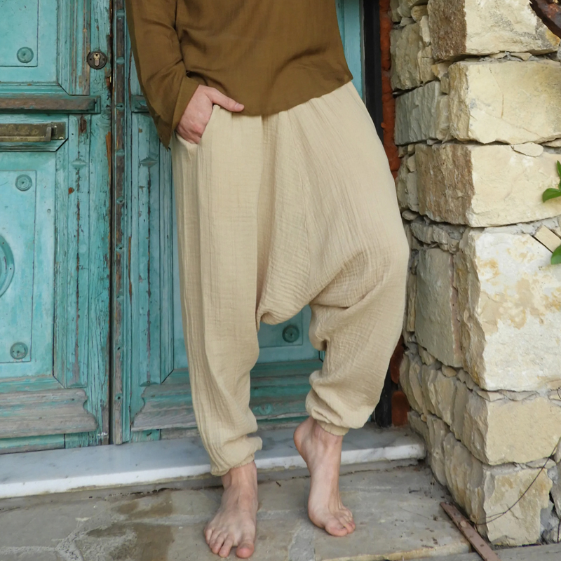 Men's Beige Organic Gauze Cotton Harem Pants