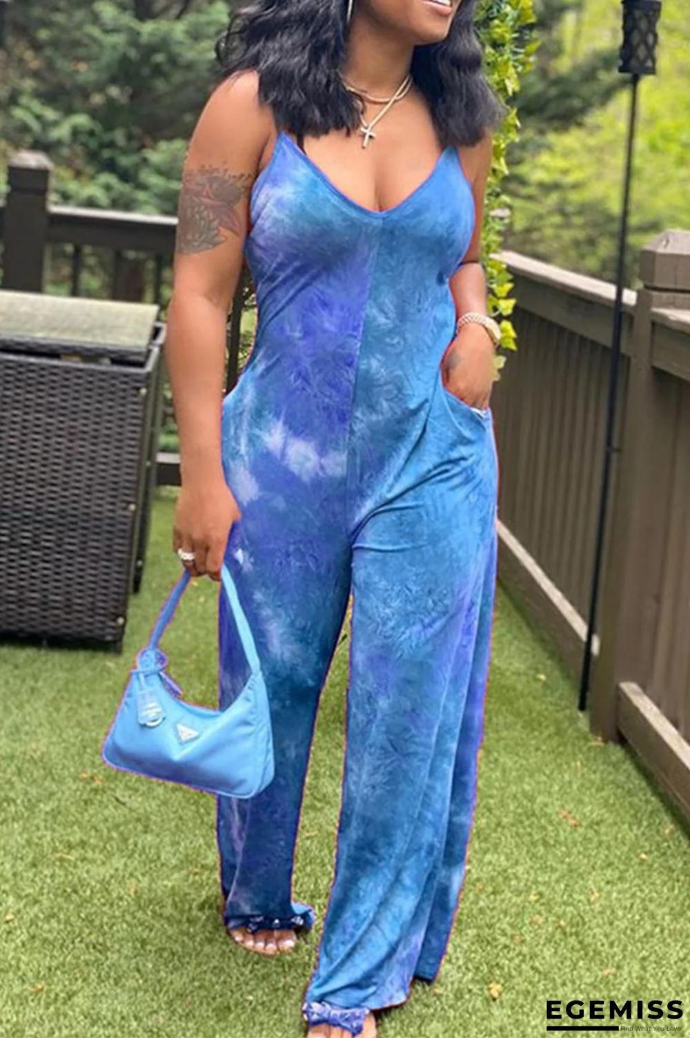Blue Fashion Casual Print Backless Spaghetti Strap Regular Jumpsuits | EGEMISS