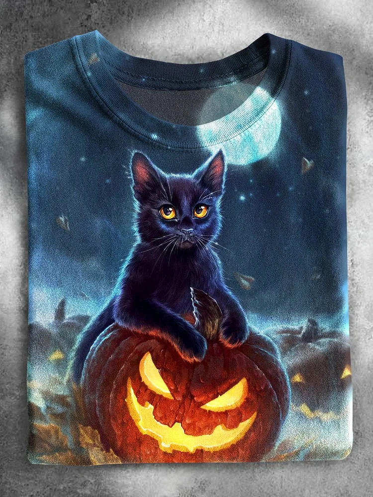 Black Cat Pumpkin Night Halloween T-shirt