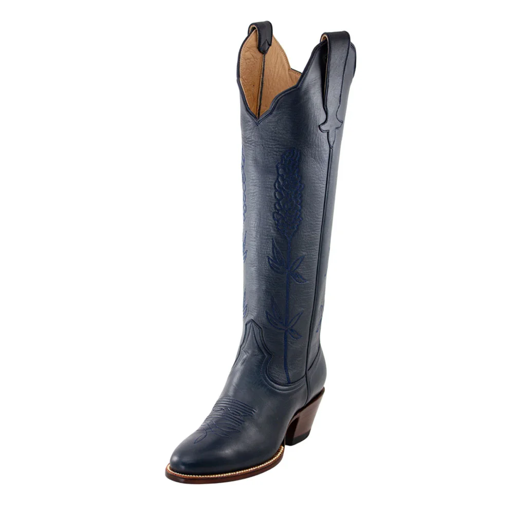 Navy Almond Toe Floral Embroidery Stacked Heel Cowgirl Knee High Boots