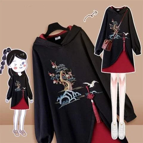 Retro Cute Print Hooded High-necked Sweatshirt Dress SP15677
