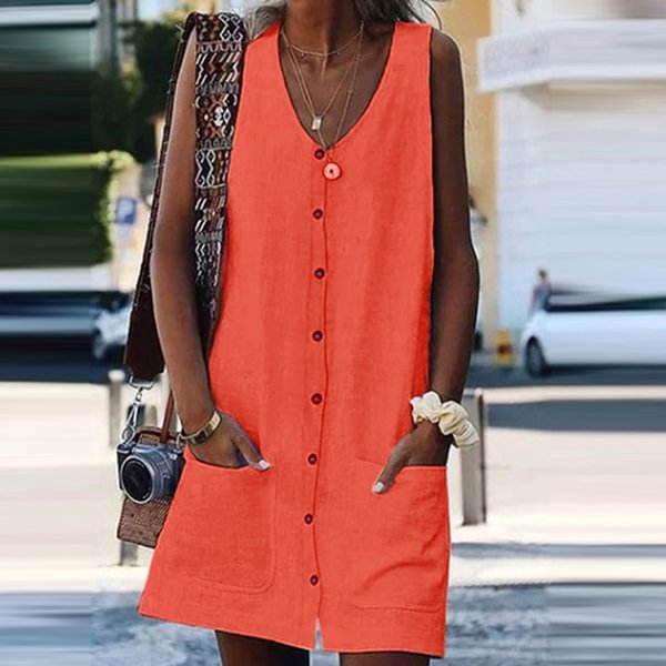 Women Summer Sleeveless Pure Color Loose Casual Button Pocket Vest Dress - BlackFridayBuys
