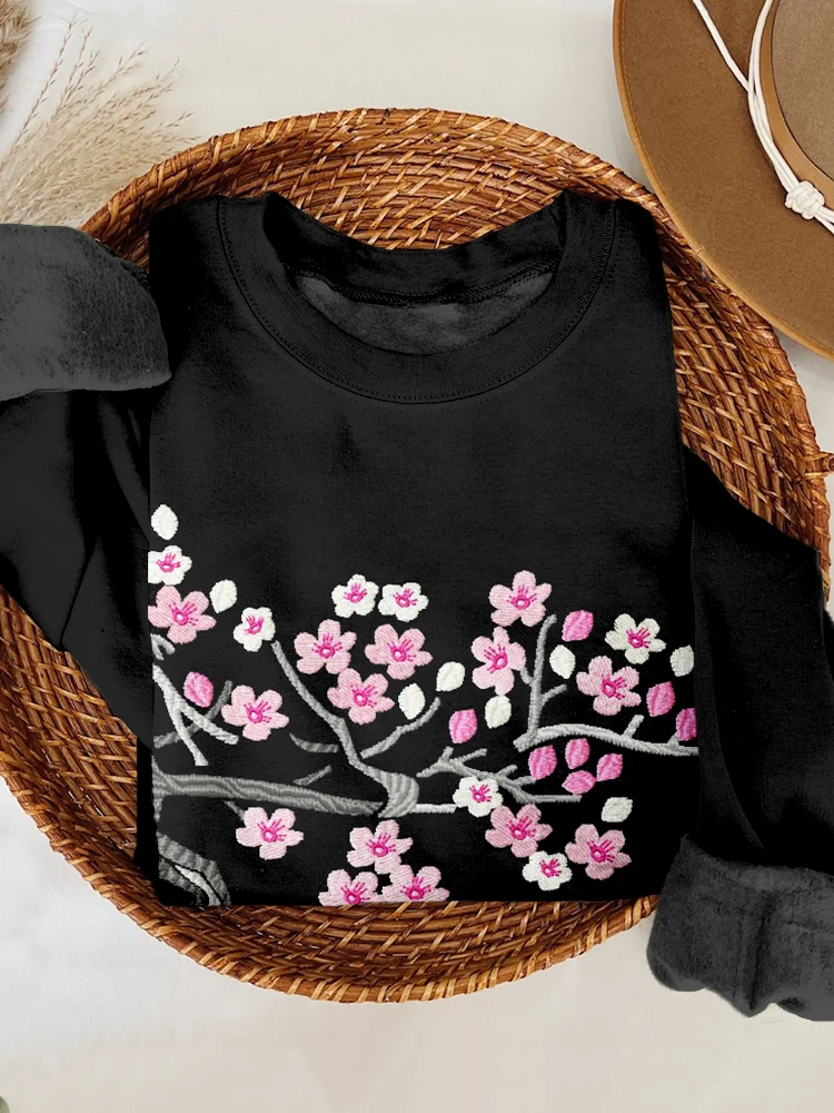 Plum Blossoms Embroidered Art Cozy Sweatshirt
