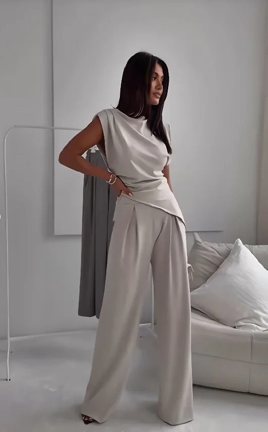 Fashion Slim Irregular Split Top And Straight Pants Set