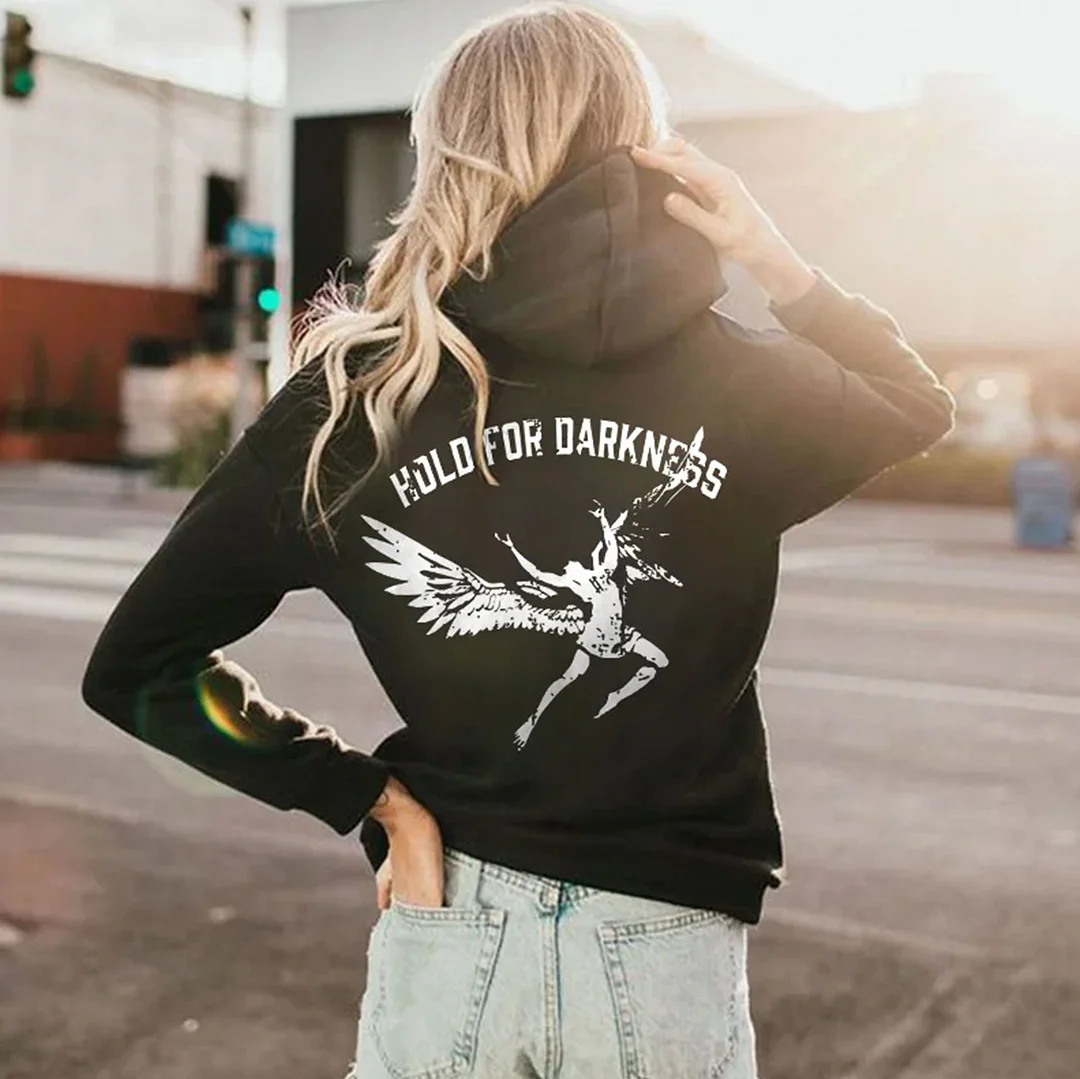 HOLD FOR DARKNESS Angel with Broken Wings  Black Print Hoodie