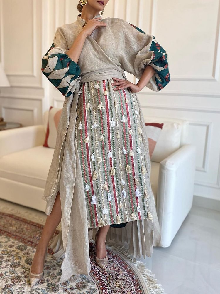 Irregular tassel decorated linen dress فساتين