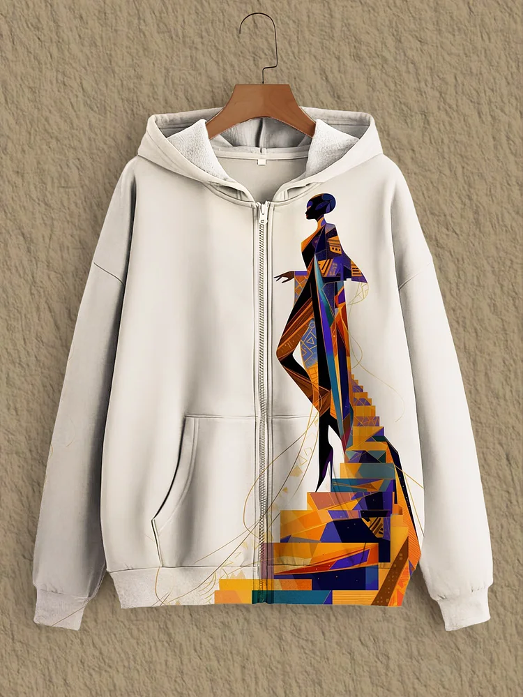 Women's Fashion Woman Abstract Art Print Hooded Zip Up Jacket