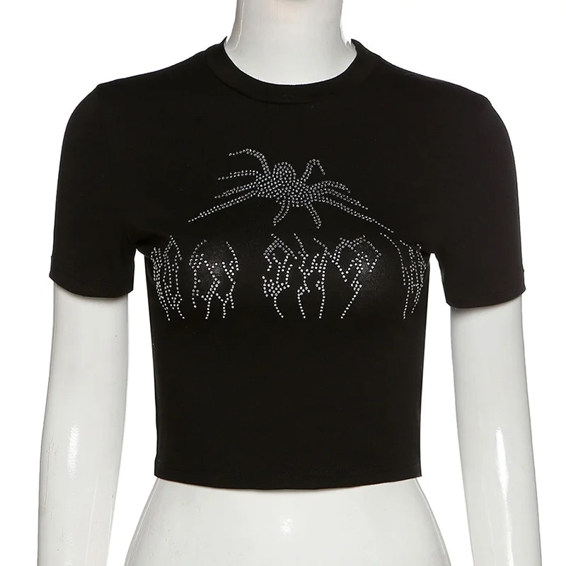 Billionm Summer Top Women Punk Vintage Rhinestone Spider Graphic Black Gothic Clothes O-neck Short-Sleeve Crop Top Harajuku Cropped Tops