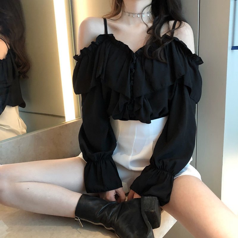 Off Shoulder Blouses Women Ruffles Sexy Party Design Stylish Ulzzang Solid Feminine Leisure All-match Spring Soft Popular Ins
