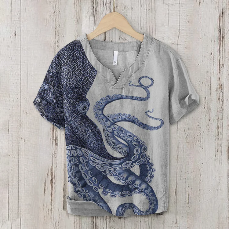 Japanese Art Octopus Printed V-Neck Short Sleeve Shirt